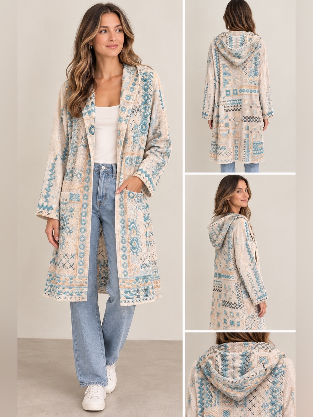 Johnny Was BIYA Hooded Patchwork Cardigan in Cream and Light Blue